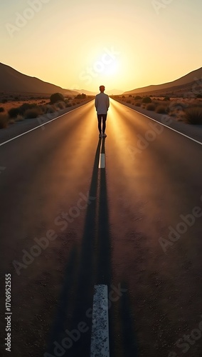 Empty road with only the long shadow of a person visible, soft light from a low sun, symbolic and emotional storytelling image.
