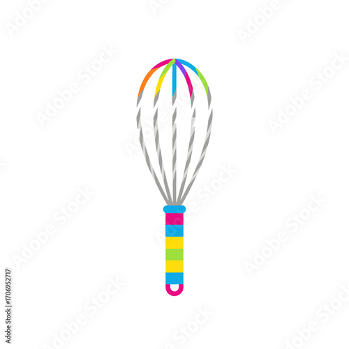 Colorful rainbow kitchen whisk with a vibrant striped handle.