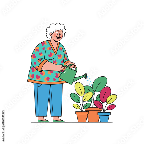 Elderly Woman Tenderly Watering Potted Plants with a Green Watering Can.