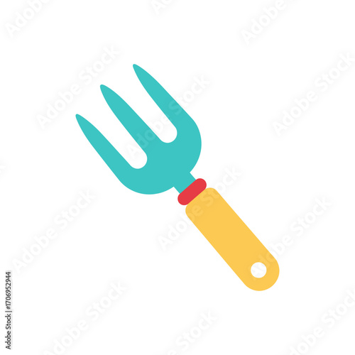 Gardening hand tool, small garden fork, teal and yellow.