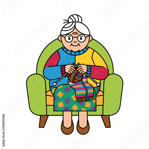 Grandmother Knitting a Colorful Scarf in a Green Armchair.