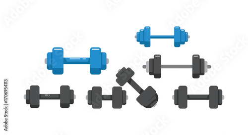 various dumbbells arranged neatly in rows showing different colors