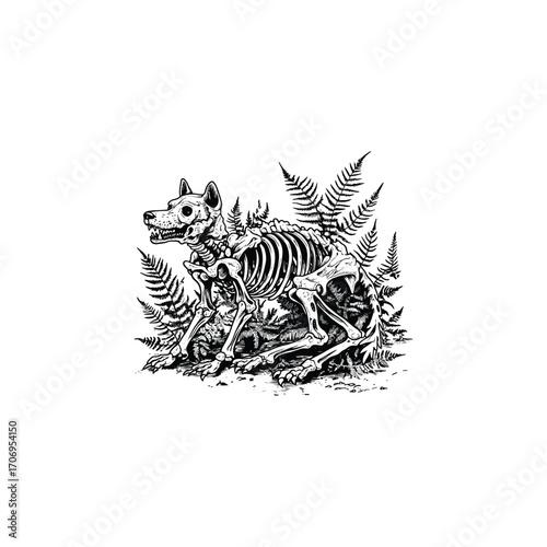 Detailed vintage engraving illustration of a dog or wolf skeleton resting among fern leaves in the forest. Concept for dark fantasy, horror, nature, and anatomy art