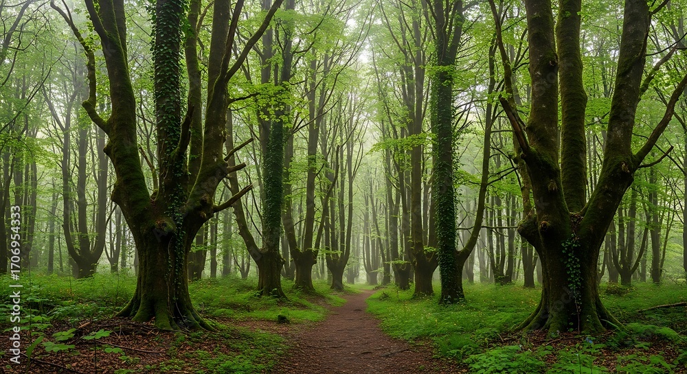 Naklejka premium A path winds through a dense, misty forest, filled with ancient, moss-covered trees, bathed in soft, ethereal light.