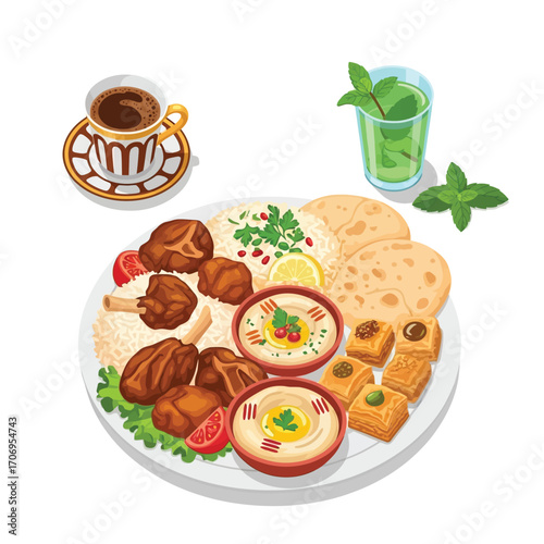 A detailed vector illustration of a traditional Middle Eastern food platter featuring lamb, hummus, baklava, coffee, and mint tea, isolated on a white background