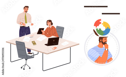 Colleagues discussing documents at a desk, with an abstract thought process concept using a puzzle in a head silhouette. Ideal for teamwork, brainstorming, innovation, decision-making, creativity