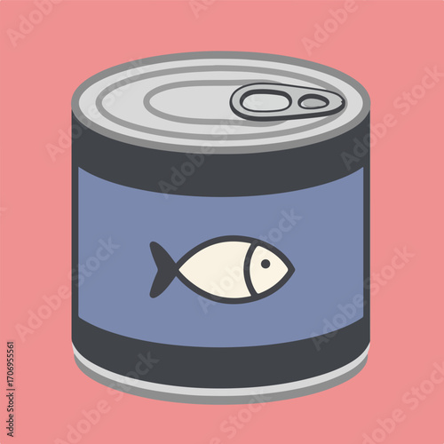An illustration displays a cat food can featuring a fish design against a light pink background, presenting a simple and cartoonish representation.