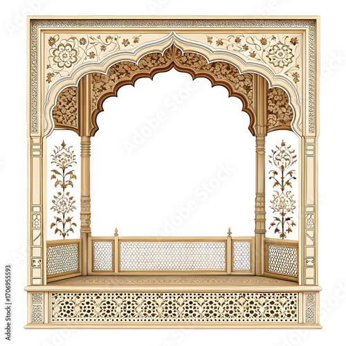 Intricate Indian or Islamic archway with beautiful carvings and geometric patterns, isolated on a transparent background.
