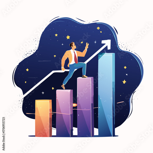 Dynamic businessman climbing success chart, achieving goals and reaching new heights with passion and ambition