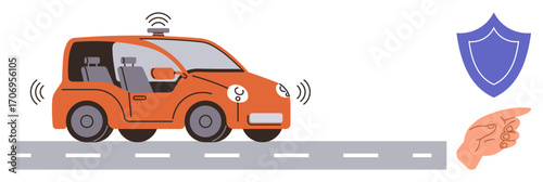 Self-driving car on the road with sensors emitting signals, safety shield icon, and a guiding hand. Ideal for technology, innovation, mobility, safety, navigation, automation and transportation