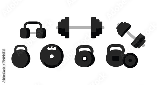 various gym equipment including dumbbells kettlebells and weight plates