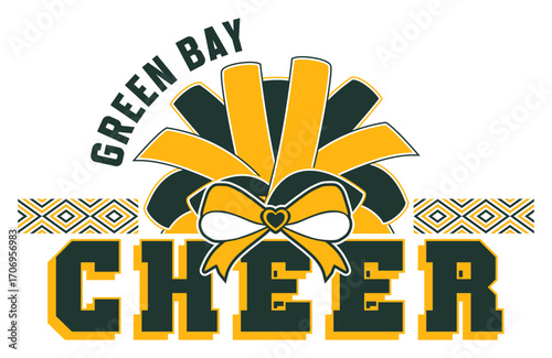 Cheerleading illustration, Dark Green and Gold pom-poms and bow with CHEER Word. Green Bay Cheerleader illustration.