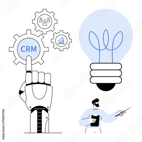 Robotic arm activating CRM system amidst gears for analytics, lightbulb innovation, and presenter explaining strategy. Ideal for technology, innovation, CRM, business automation, data-driven