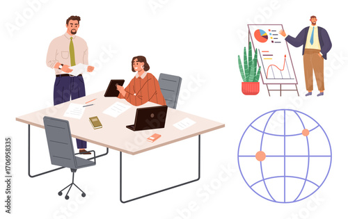 Professionals discuss documents and ideas at a desk with laptop and notes. Visuals of a man presenting a chart, potted plant, and globe highlight teamwork and global business connections. Ideal