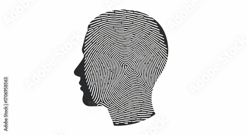 A grayscale illustration of a human head in profile, created with a fingerprint pattern, against a clean white background, conveying a sense of identity and security on National Hair Day.