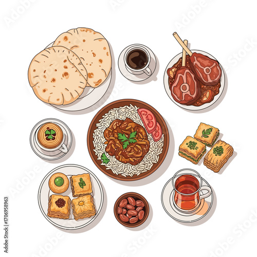 A variety of Middle Eastern dishes, including flatbread, lamb, rice, and baklava.