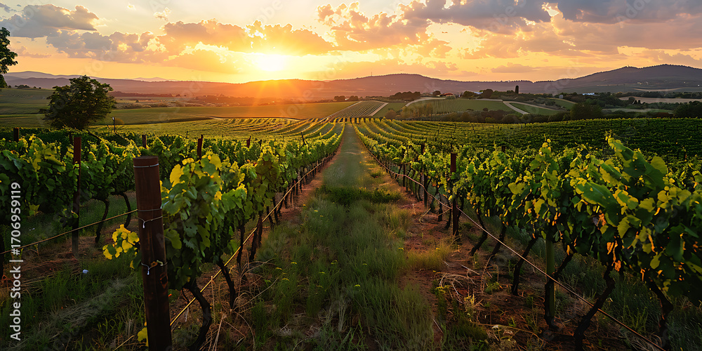 Naklejka premium Golden sunset illuminates lush vineyard rows stretching towards rolling hills.