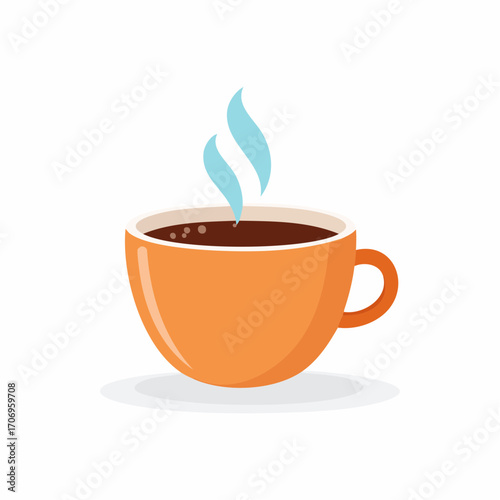 Vibrant orange ceramic mug with a steaming hot drink like coffee or espresso, depicted in a minimalist flat vector style