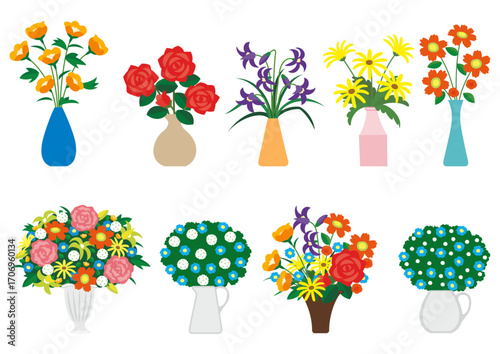 Colorful floral arrangements in various vases, showcasing different flower types and styles.