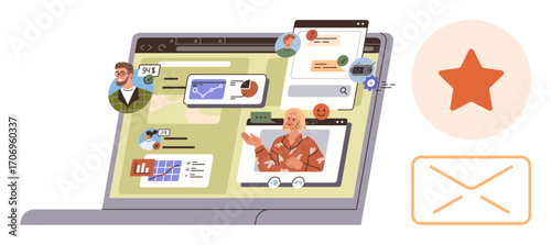 Laptop screen displaying video call, messages, charts, search bar, user icons, and settings. Ideal for teamwork, remote work technology connection networking communication productivity. Simple