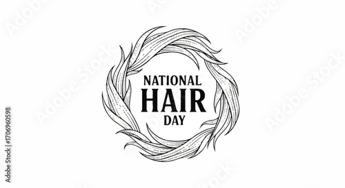 A minimalist line drawing of intertwined hair strands forming a circular frame around the text 'National Hair Day' on a plain white background.