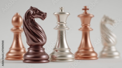 Metallic chess pieces in a row in brown, silver, and bronze, representing strategy, intelligence, and competition