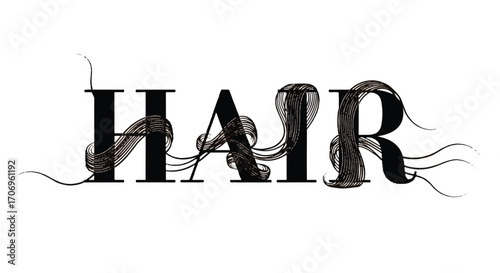 Graphic illustration of the word 'HAIR' with strands of hair intertwined in a creative, typographic design on a white background.