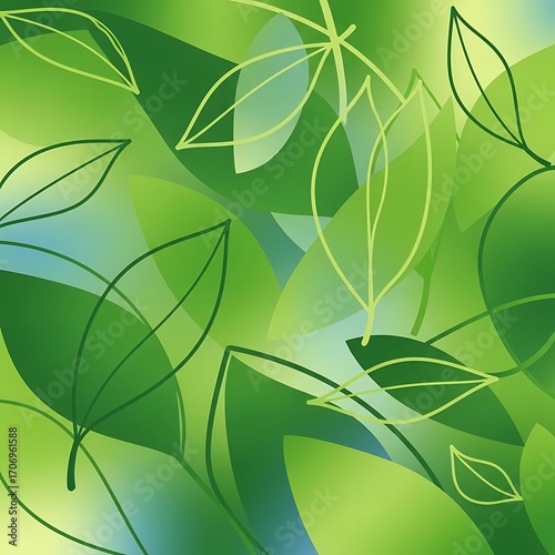 A vibrant design showcases a multitude of stylized leaves in varying shades of green, creating a tranquil and harmonious visual composition.