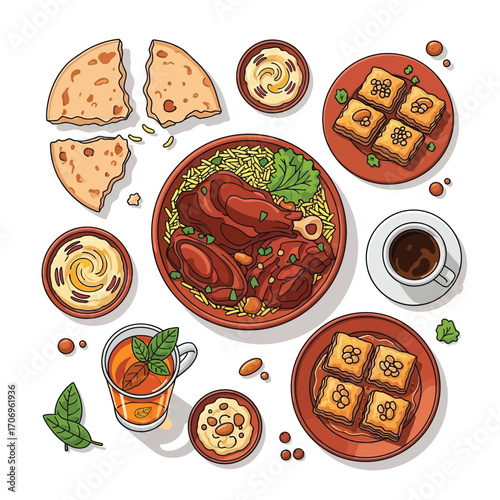 A Generous Spread of Middle Eastern Cuisine Featuring Lamb, Hummus, Baklava, and Refreshing Mint Tea