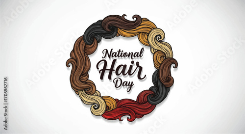 Graphic illustration of a colorful hair wreath with the text 'National Hair Day' in a circular composition against a white background.