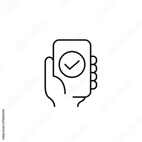 Hand holding smartphone and checkmark. Verified device, system updated. User account identification passed. Pixel perfect, editable stroke vector icon