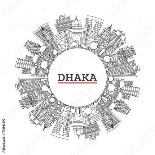 Outline Dhaka Bangladesh City Skyline with Historic Buildings and copy space Isolated on White. Illustration. Dhaka Cityscape with Landmarks.
