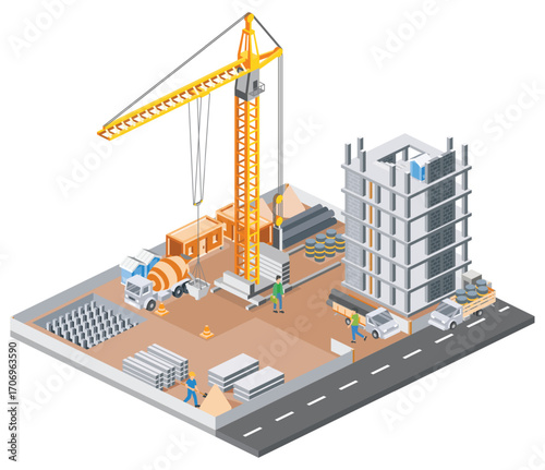 Isometric construction site with tower crane, workers, trucks, and unfinished skyscraper. Modern building process with materials, equipment, and road access.