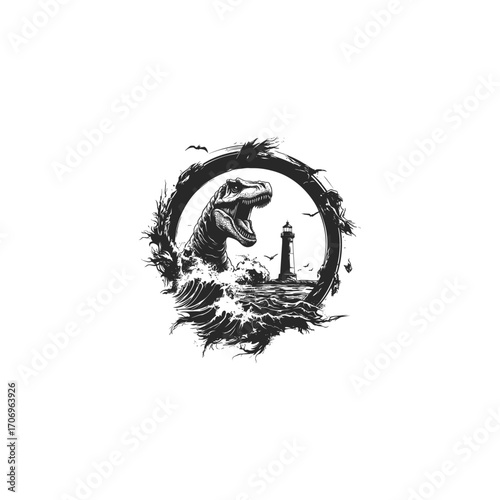 Unique vintage engraving illustration in a circular frame showing a giant T-Rex dinosaur emerging from stormy ocean waves near a tall lighthouse. Concept for bizarre fantasy, prehistoric monsters