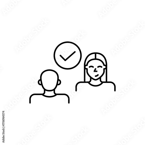 Man and woman and checkmark. Collaboration confirmed, trusted agreement. Secure discussion, interview or dating match. Pixel perfect, editable stroke vector icon