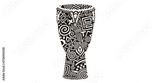 A black and white illustration of a decorated drum on a plain background, celebrating International music Day with a lively and rhythmic mood.