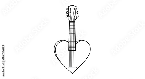 A minimalist line drawing of an electric guitar forming a heart shape on a plain white background, celebrating International music Day with simple, elegant lines.