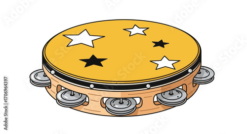 Illustration of a tambourine with a yellow top and silver jingles on a white background, celebrating International music Day with a vibrant and lively feel.