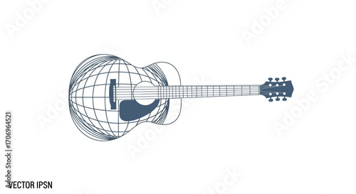 Vector illustration of a guitar wrapped in a globe with grid lines on a white background, symbolizing International music Day.