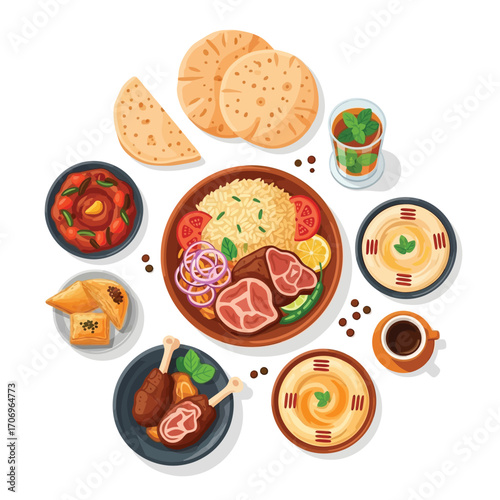 Top-down vector illustration of a traditional Middle Eastern food feast. A collection of classic Arabic dishes like lamb, rice, hummus, and pita bread isolated on white