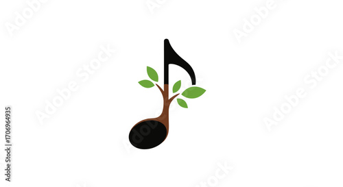 A stylized black eighth note with green leaves sprouting from its stem, symbolizing International music Day, on a clean white background with a creative and peaceful mood.