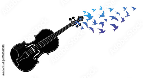 A black violin silhouette with blue and purple birds flying out of it, symbolizing music and freedom on International music Day, against a clean white background with a creative and joyful