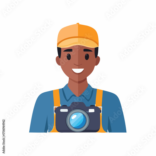 Smiling photographer with camera ready to capture the perfect shot for professional projects