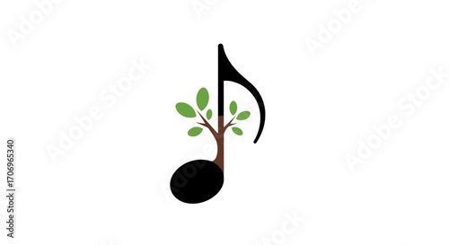 A minimalist logo featuring a black eighth note with a small green plant growing out of it, symbolizing International music Day, on a clean white background with a natural and harmonious