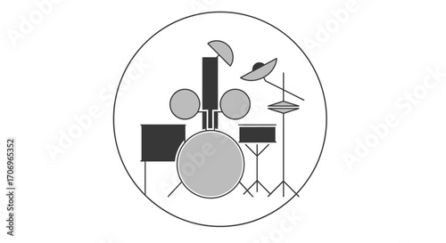 A minimalist illustration of a drum set within a circle, featuring various shades of gray and black, symbolizing International music Day with a modern and artistic style.