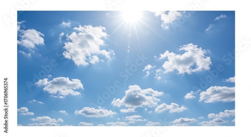 輝く太陽と白い雲 青空広がる 夏の爽快な空写真. AI Generated
