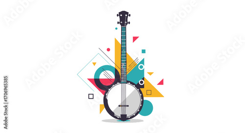 Illustration of a banjo surrounded by colorful geometric shapes celebrating International music Day with a vibrant and festive mood.