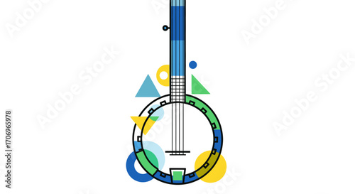 A colorful illustration of a banjo surrounded by geometric shapes celebrating International music Day with vibrant hues and a lively composition.