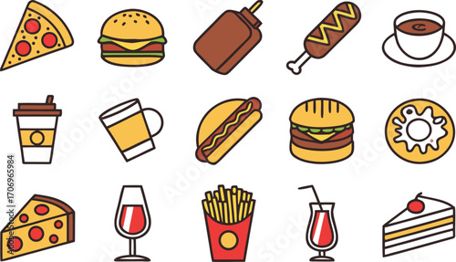Assortment of popular fast food and drink icons pizza