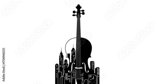 Black silhouette of a violin and city skyline on white background, celebrating International music Day with a modern urban feel.